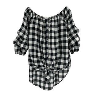 Off The Shoulder Gingham Plaid Top Black White Ruffle Sleeve Front Knot Size S
